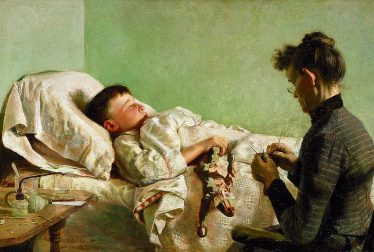 A sick boy lying in bed unable to communicate with the lady beside his bed