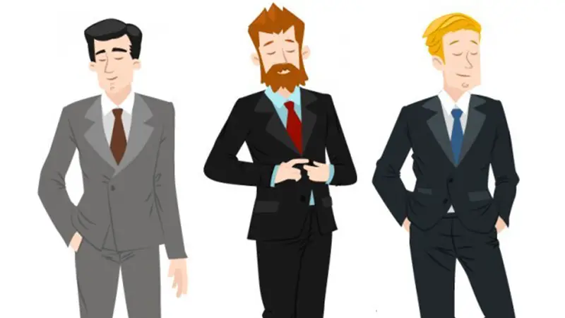 Different men dressed in different colored suits.